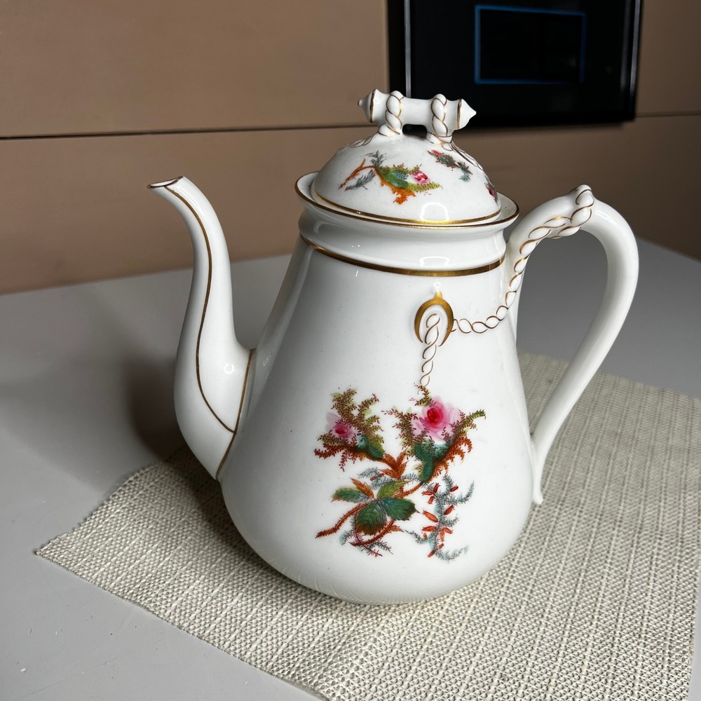 Haviland Limoges Moss Rose Coffee Pot Antique 1871 French Porcelain Gold Gilt 9"